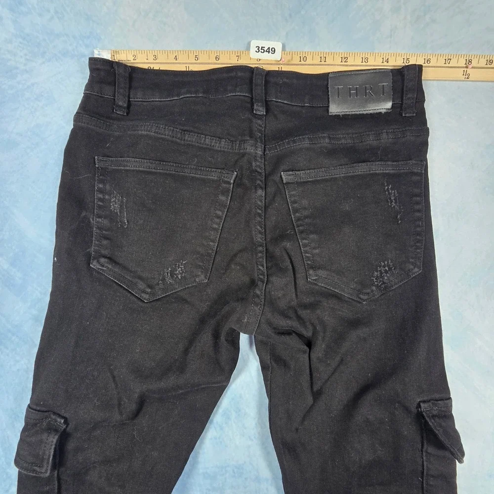 THRT Denim Mens Black Cargo Jeans Slim Fit Distressed Buckle Pockets Size 32